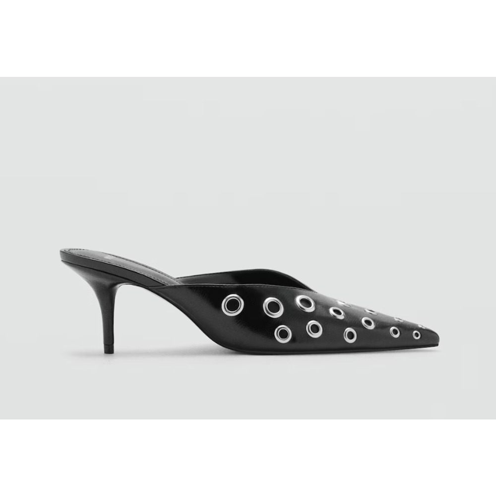 MANGO MNG BLACK EVE EYELET POINTED TOE MULE PUMPS HEELS HEELED SHOES 37 6.5 - Picture 3 of 8